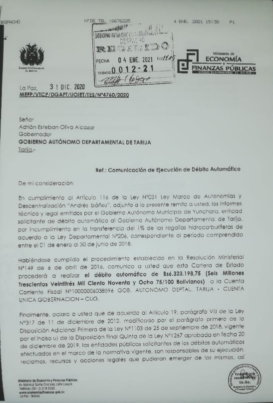 Municipio de Yunchará logra un débito automático a la Gobernación de Tarija de más de 6.3 millones de bolivianos