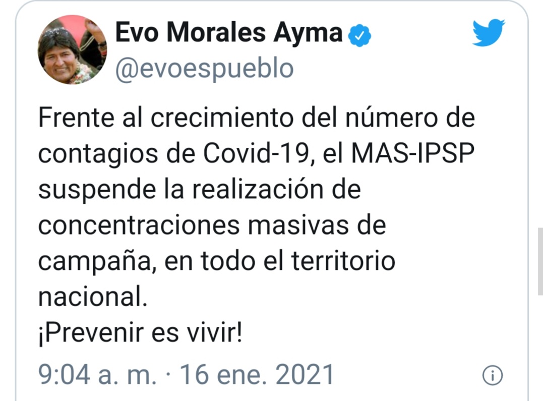 Morales ordena al MAS suspender todas las concentraciones masivas debido al incremento de casos por COVID