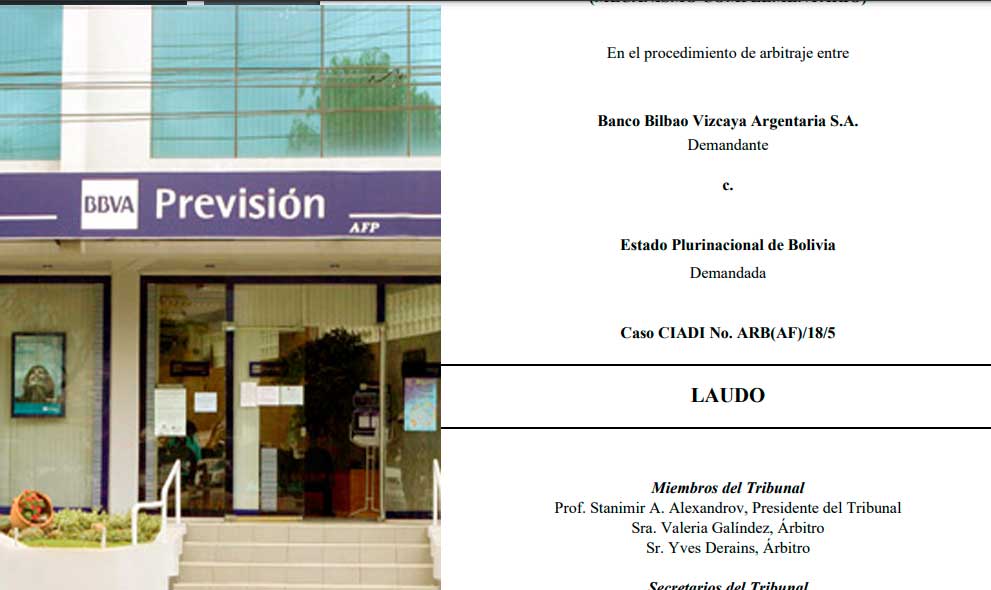 Laudo arbitral ordena Bolivia pagar $us105 millones a BBVA por la nacionalización de la AFP