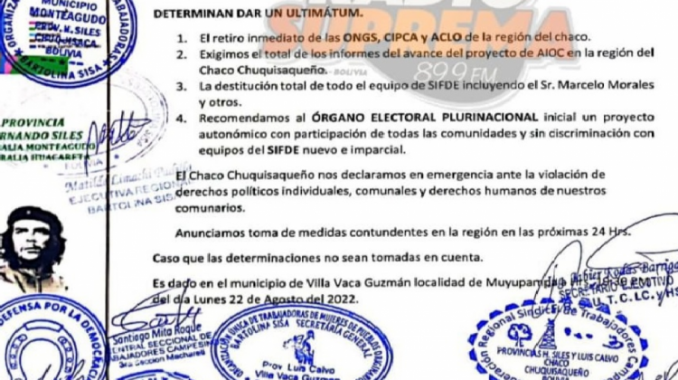 Organizaciones afines al MAS exigen retiro inmediato de Aclo y Cipca de la región del Chaco