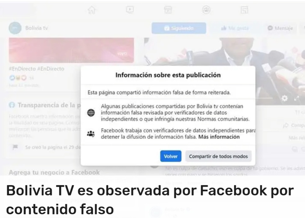 Facebook advierte que página de Bolivia TV comparte «información falsa de forma reiterada»