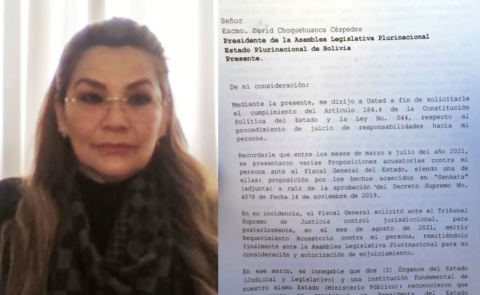 Añez pide a Choquehuanca viabilizar su juicio de responsabilidades por Senkata